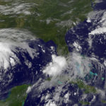 Hurricane Harvey is seen approaching the Texas Gulf Coast in this NOAA GOES East satellite image